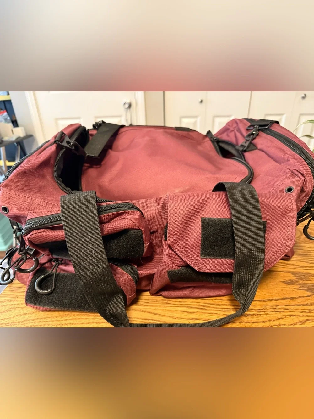Bear Komplex Duffel Bag with Multiple Exterior Pockets Burgundy Maroon Red